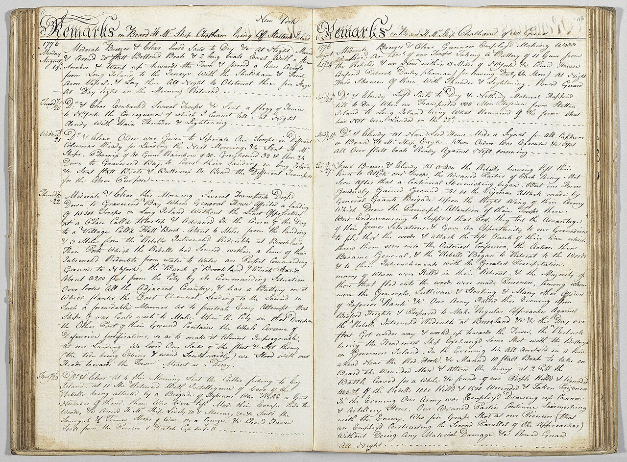 Remarks on board HMS Chatham off Staten Island 1776 (maritime journal of Robert Raymond) 043133