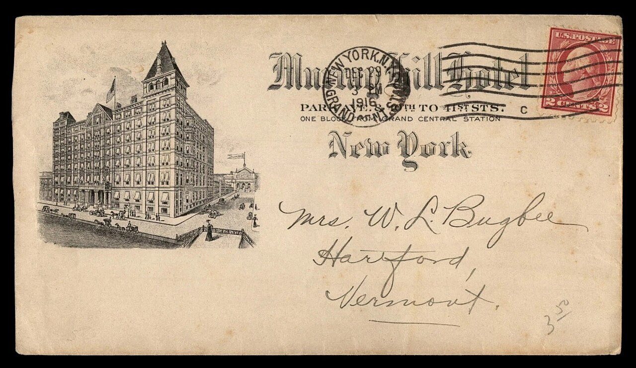 US 1916 New York Muphy Hill Hotel Advertising to Hartford VT Cover