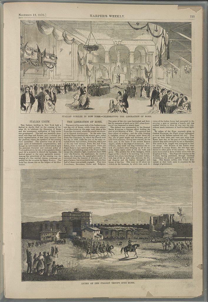 Celebration of Italian unification in New York City and Italian troops entering Rome