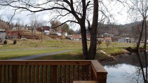 On Lansing's fishing deck in the Creeper park looking back into town