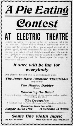 Advertisement for films and other events at cinema in Arkansas, 1909
