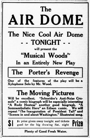 Newspaper ad for Biograph films and other entertainment at Air Dome theater in Arkansas, 1909