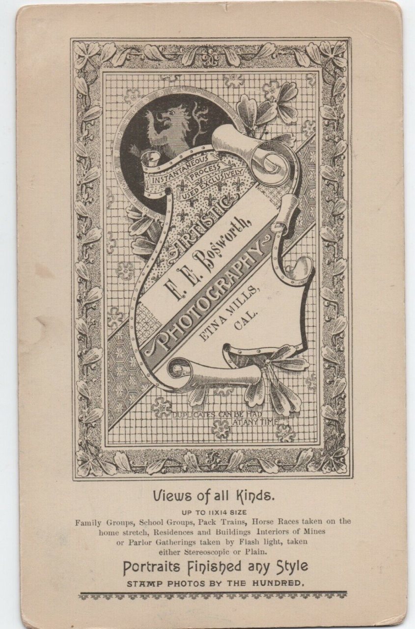 F. E. Bosworth Boudoir Cabinet Card of Etna Mills, Cal. back