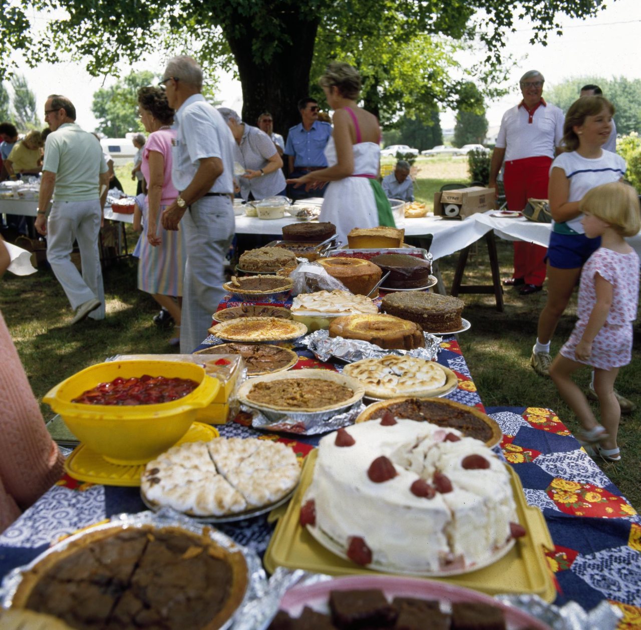 Cakes and pies line the tables at a family reunion