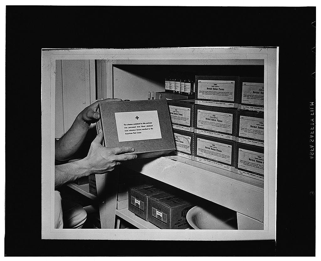 Hoffman, N.C. Boxes of dried blood plasma stored in a cabinet inside the operating tent which was set up during the Car…