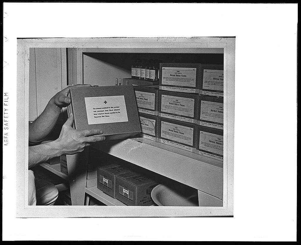 Hoffman, N.C. Boxes of dried blood plasma stored in a cabinet inside the operating tent which was set up during the Car…