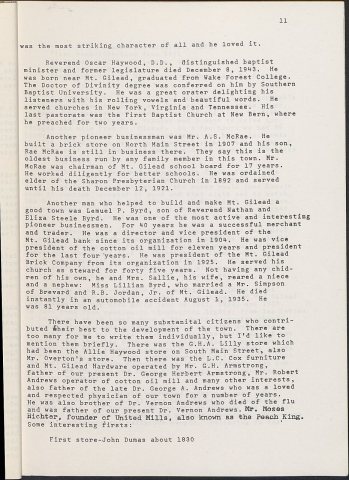 History of Mt. Gilead, North Carolina