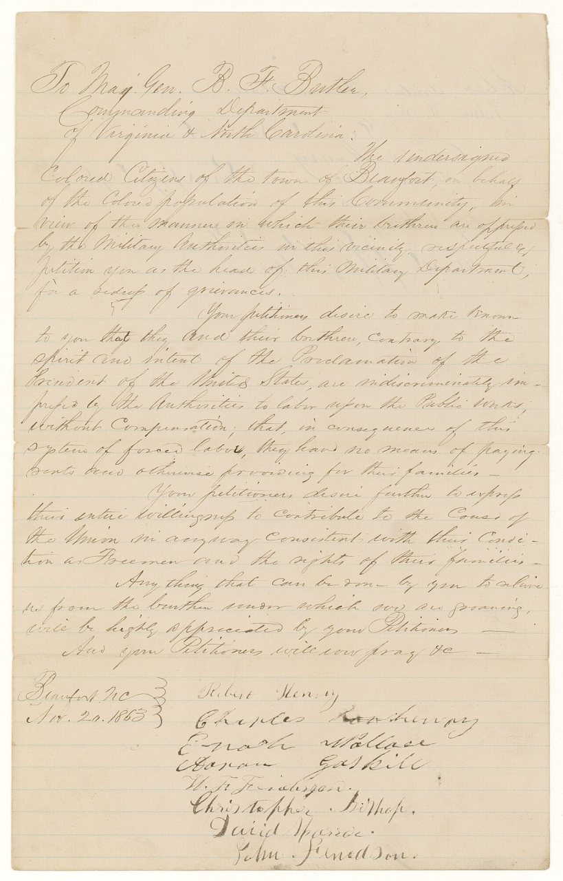 Petition from the Colored Citizens of Beaufort, North Carolina to Major General B. F. Butler, Petitioning for Wages