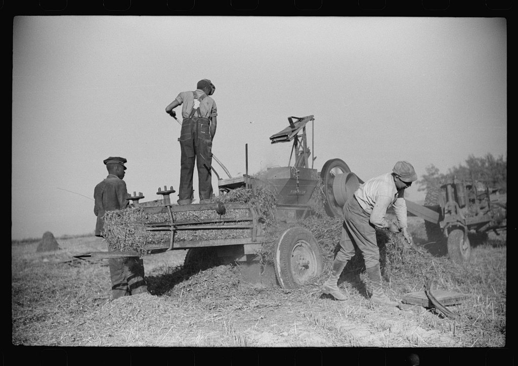 Untitled photo, possibly related to: Baling hay on the Mary E. Jones place of about 140 acres. The sons W.E. and R.E. J…
