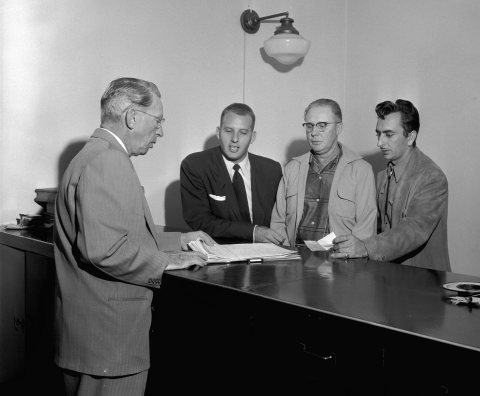 La Palma city fathers file incorporation papers with County Clerk B.J. Smith, 1955