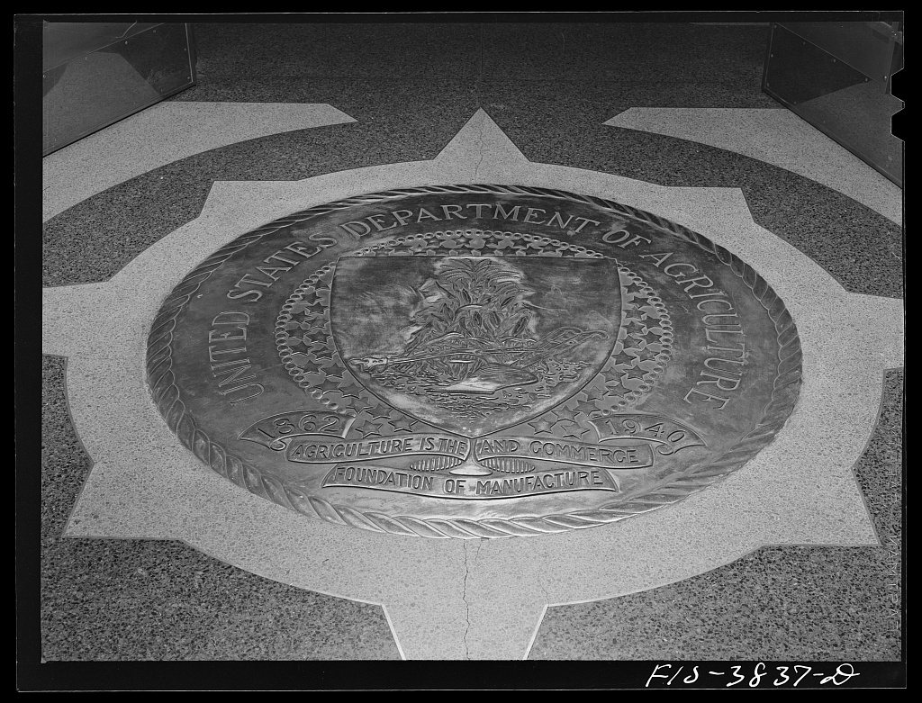 Seal on floor at entrance to the regional agricultural research laboratory. Albany, California