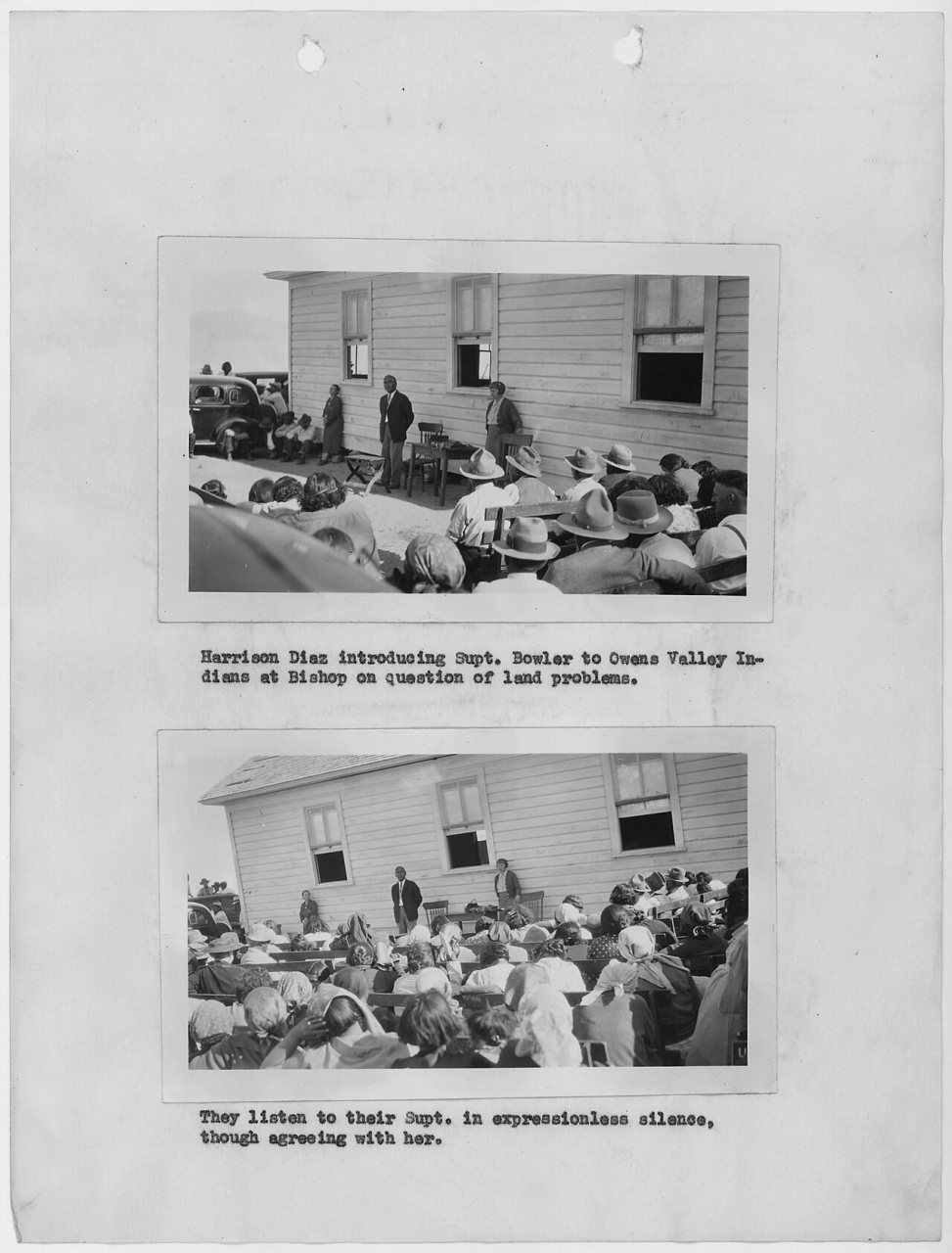 Photographs, with captions, of Superintendent Bowler visiting Owens Valley Indians, Bishop, California, from 1937... - …