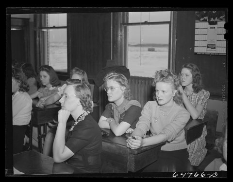 Epping, North Dakota. Meeting of women and high school girls of the town to promote the sale of defense stamps and bonds
