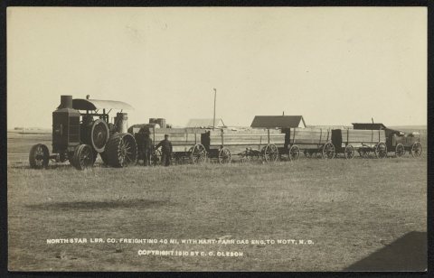 Northstar LBR. Co. freighting 40 mi. with Hart-Parr gas eng. to Mott, N.D