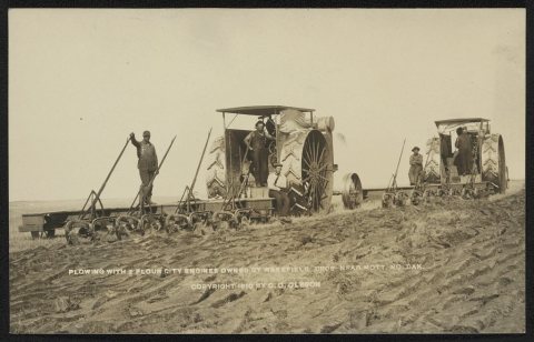 Plowing with 2 Flour City engines owned by Wakefield Bros. near Mott, No. Dak
