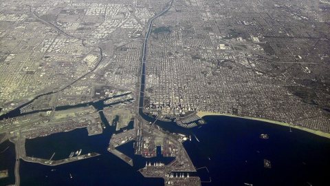 Long Beach California from Airplane looking North
