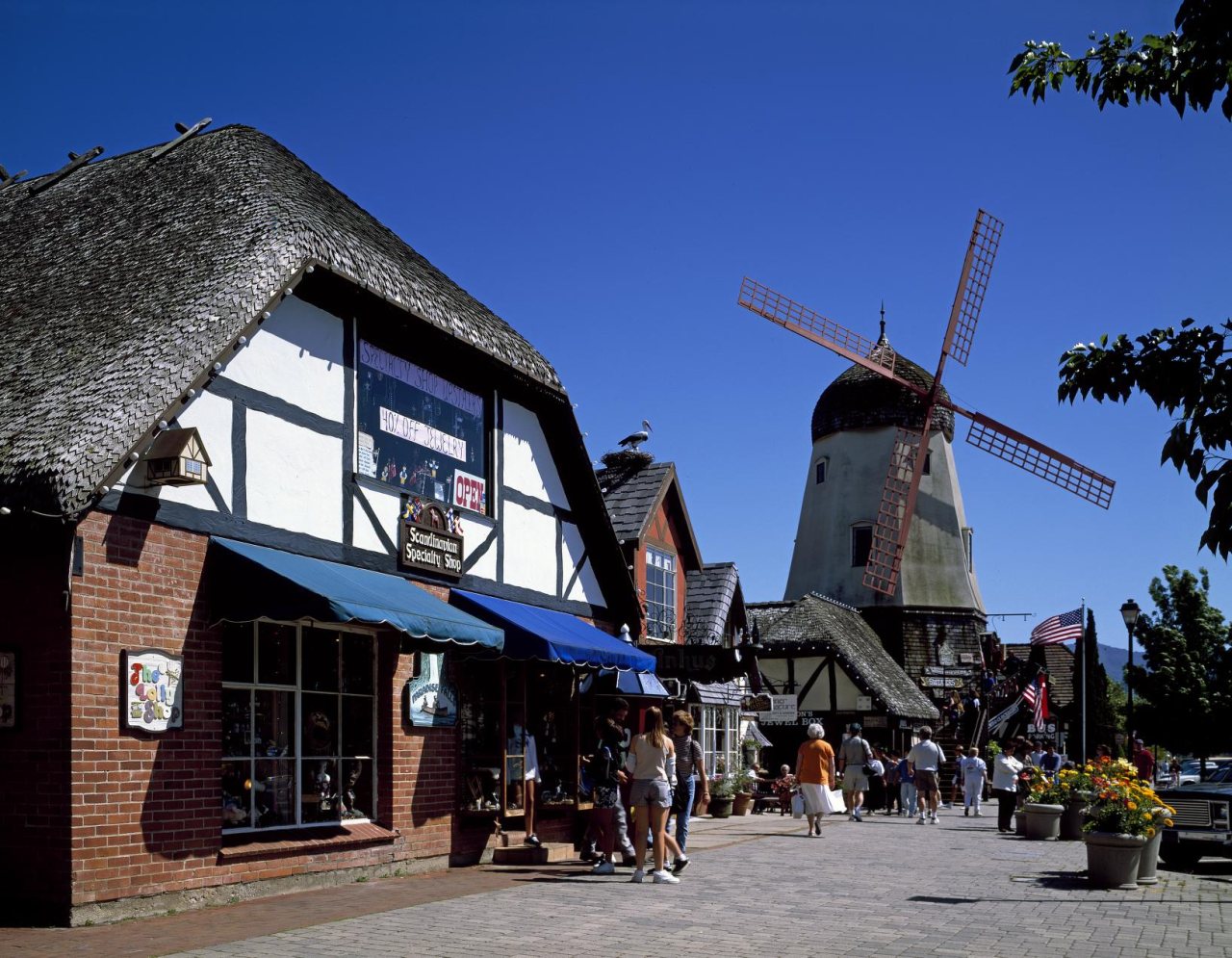 A windmill marks the shopping area