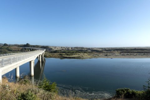 Scenic views along Route 1 near the Pacific Ocean in Northern California [Ten Mile River Bridge]