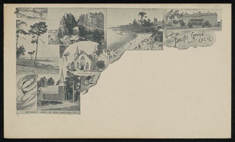 Greetings from Pacific Grove Cal.; Lovers Point; Arch Rock; Assembly Hall; Pacific Grove; El Carmelo Hotel