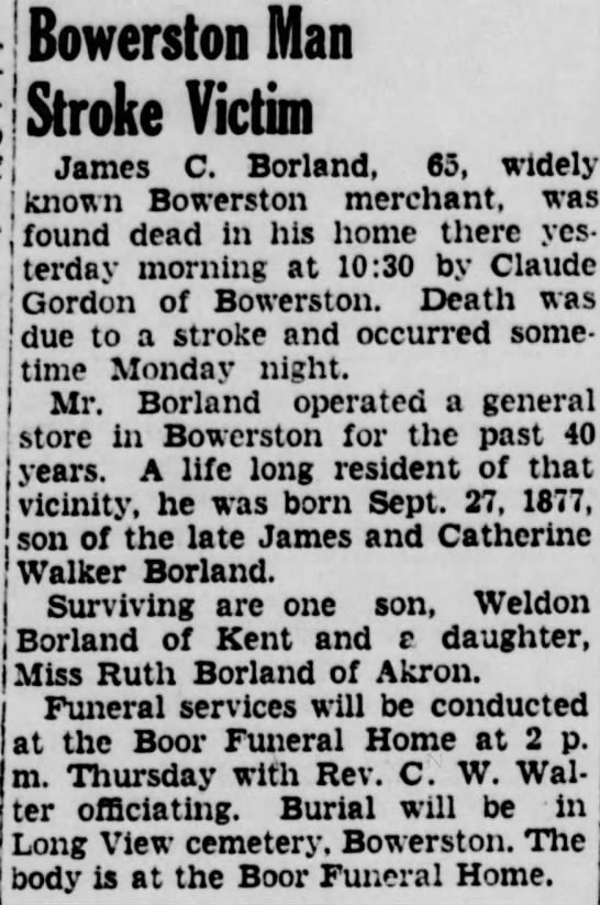 James Couthren Borland (1877-1943) obituary in the Daily Times of New Philadelphia, Ohio on April 21, 1943