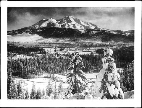 Town of Sisson at the foot of Mount Shasta in winter, ca.1900 (CHS-1928)
