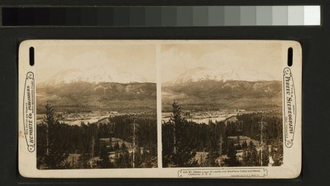 Mt. Shasta (14440 ft.) north over Strawberry Valley and Sisson, California, U. S. A