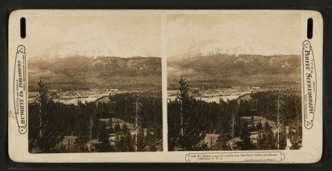 Mt. Shasta (14440 ft.) north over Strawberry Valley and Sisson, California, U. S. A..Alternate Title: The "Perfec" ster…