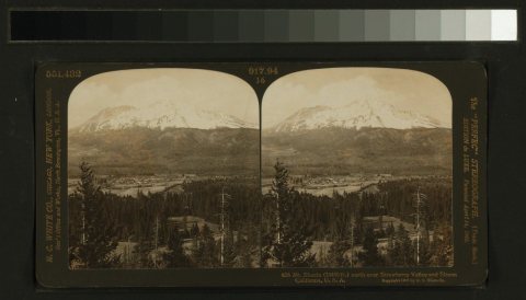 Mt. Shasta (14440 ft.) north over Strawberry Valley and Sisson California, U.S.A