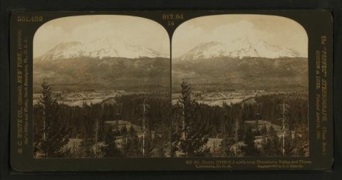 Mt. Shasta (14440 ft.) north over Strawberry Valley and Sisson California, U.S.A.Alternate Title: The 'Perfec' Stereogr…