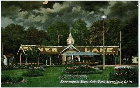 Silver Lake Park evening illumination -- from across the lake - distance 1/4 mile, Cuyahoga Falls, Ohio, U.S.A