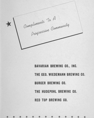 Brewery advertising by five competing local breweries that joined together to give "Compliments to a Progressive Commun…
