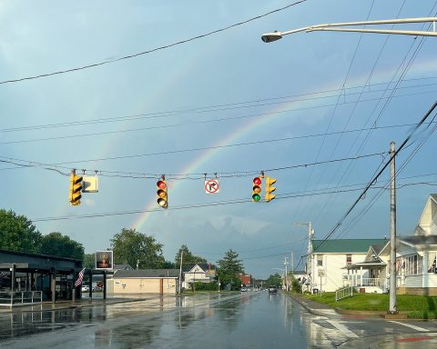 Rainbow over Washington Boulevard at Maple Street · Belpre, Ohio · 2026-07-04