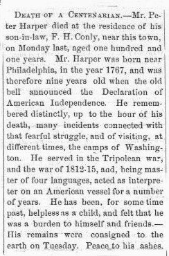 Peter Harper obituary (Van Wert Weekly Bulletin, 1868)