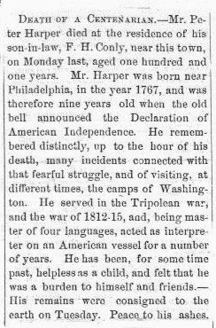Peter Harper obituary (Van Wert Weekly Bulletin, 1868)