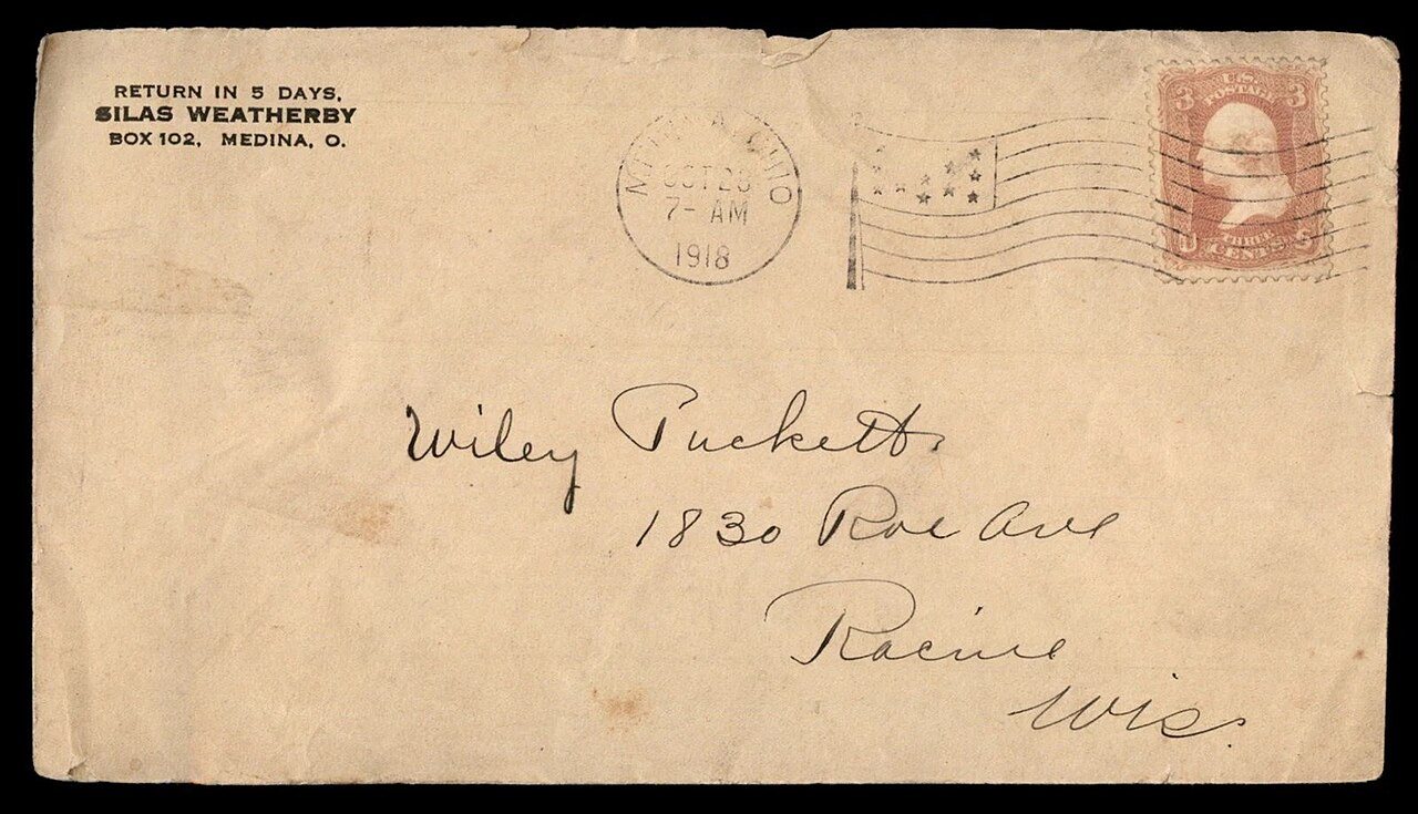 US 1918 Medino OH 3c Washington Late Use to Racine WI Cover front