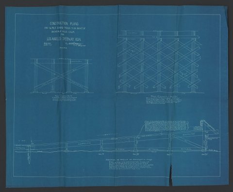Construction plans for 1/4 mile board track to be built at Beverly Hills, Calif. for Los Angeles Speedway Assn.] [Rear …