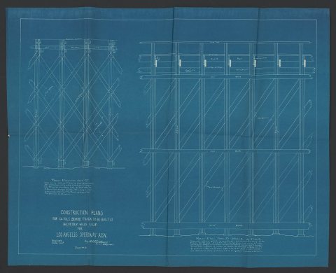 Construction plans for 1/4 mile board track to be built at Beverly Hills, Calif. for Los Angeles Speedway Assn.] [Rear …