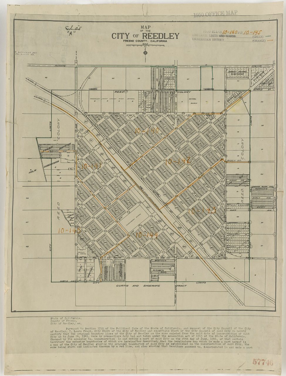 1950 Census Enumeration District Maps - California (CA) - Fresno County - Reedley - ED 10-140 to 145