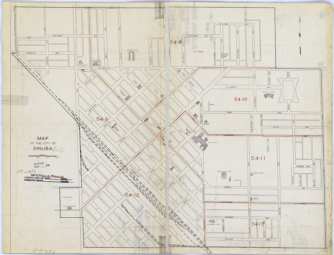 1950 Census Enumeration District Maps - California (CA) - Tulare County - Dinuba - ED 54-8 to 13