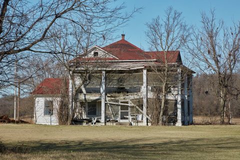 Damaged farmhouse at the Candy Creek Ranch near Barnsdall in Osage County, Oklahoma