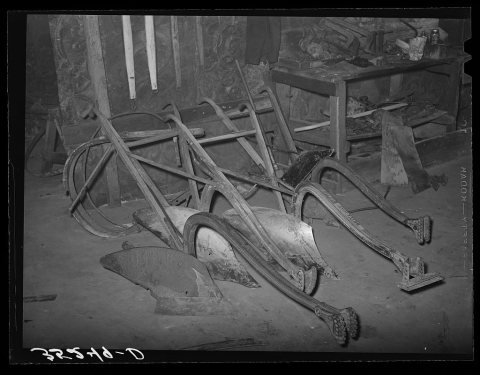 Plow points in blacksmith shop. Depew, Oklahoma