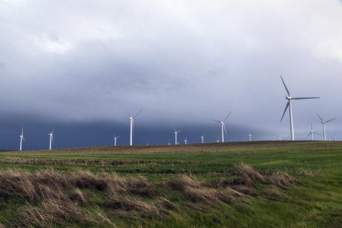 A wind farm off California Rt. 12 near Rio Vista in Solano County, California