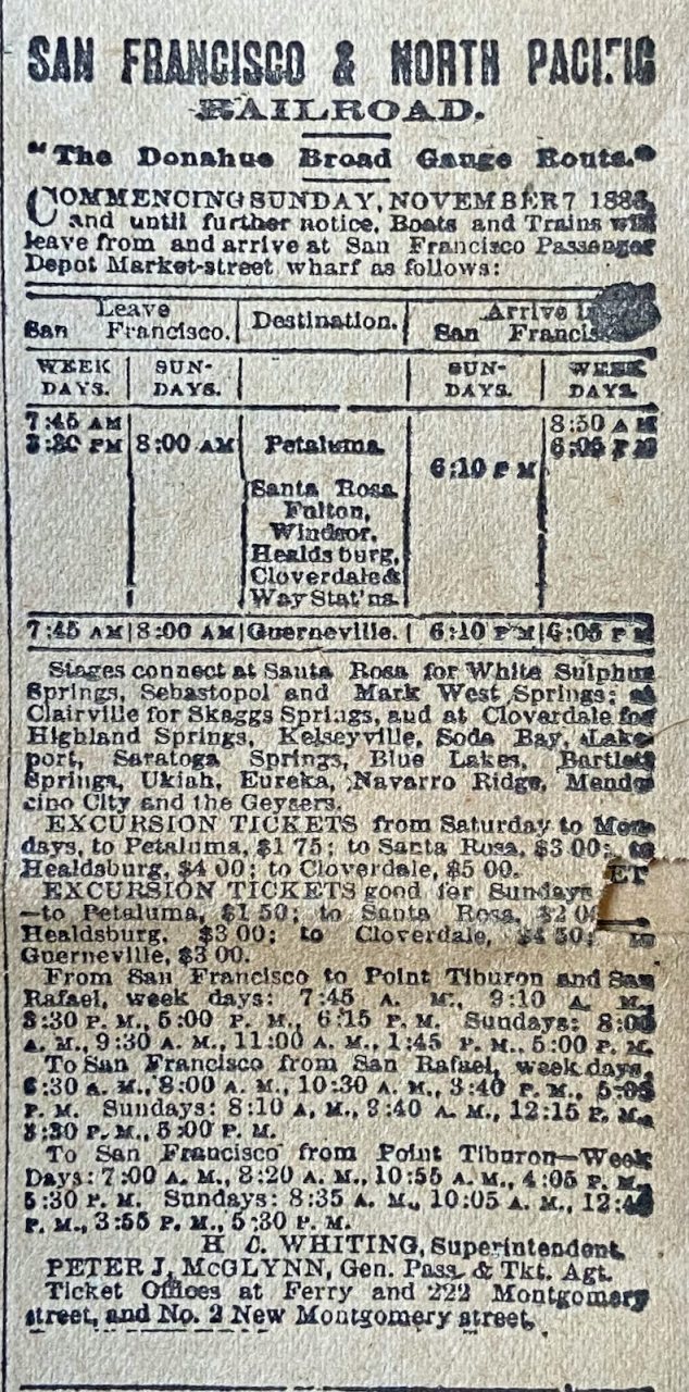 San Francisco & North Pacific RR Ad 1887
