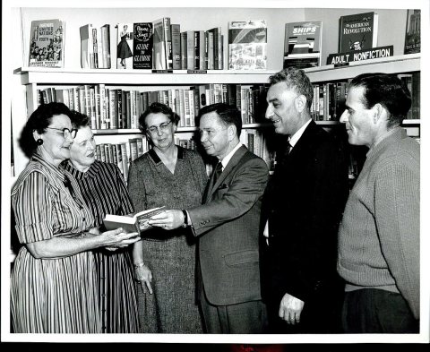 Carl Albert with people from Wilson, Oklahoma, at the Wilson library