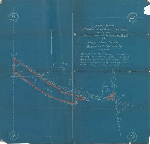 Plat Showing Additional Grounds Necessary for Terminals and Connecting Track at Hugo, Indian Territory, Arkansas and Ch…
