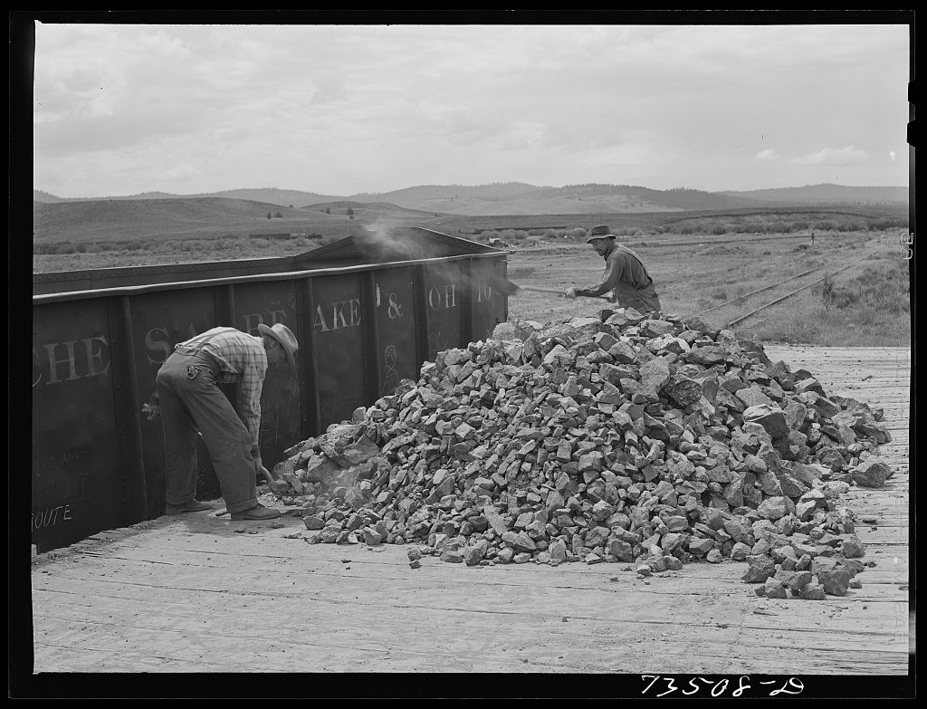 Seneca, Oregon. Loading chrome ore into freight car
