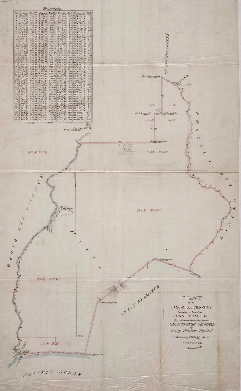 HUNTINGTON SOLANO-REEVE Rancho Los Cerritos circa 1870 official survey plat by Henry Hancock