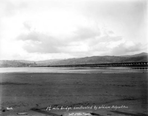 1 1/4 mile bridge built by soldiers, Warren Spruce Company, Waldport, ca. 1918