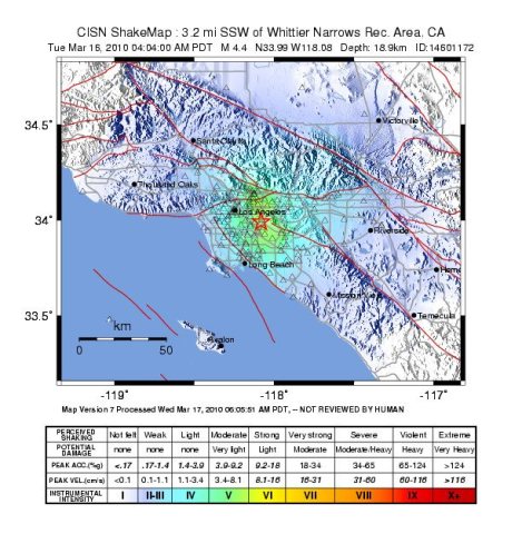 March 2010 Pico Rivera earthquake intensity USGS