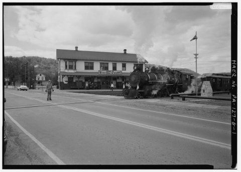 GENERAL VIEW OF STATION and LOCOMOTIVE NO. 15 LOOKING WEST ONTO RTE. 994 (MEADOW STREET) - East Broad Top Railroad and …